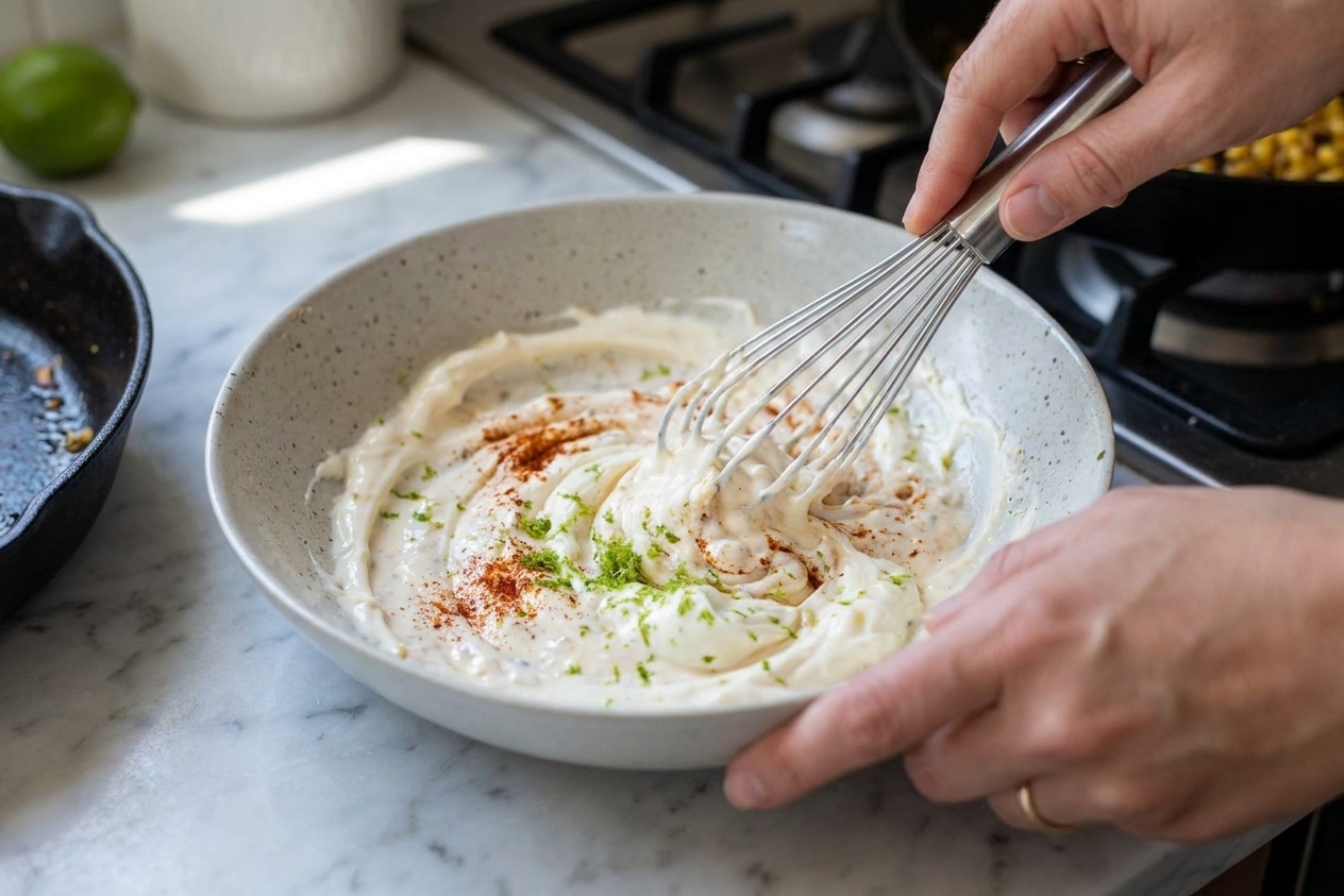 Mayonnaise, sour cream, lime zest, and spices being stirred together in a ceramic mixing bowl on a kitchen counter