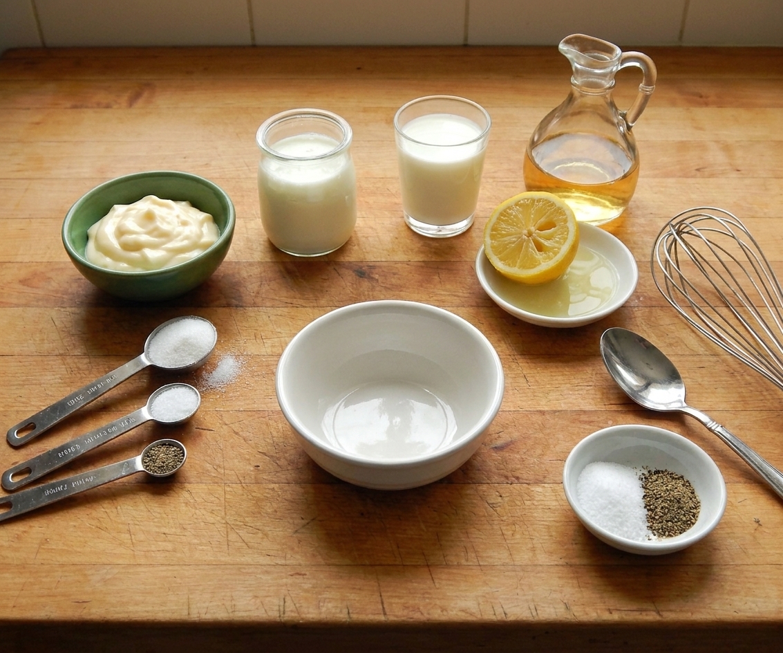Mayonnaise, sugar, buttermilk, milk, vinegar, lemon juice, salt, and pepper measured out beside a small bowl for mixing the dressing on a bright kitchen counter