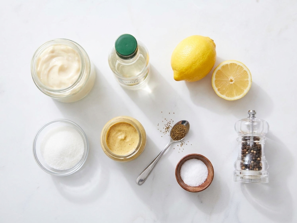 Mayonnaise, vinegar, lemon, sugar, mustard, celery seed, salt, and pepper arranged on a bright kitchen counter