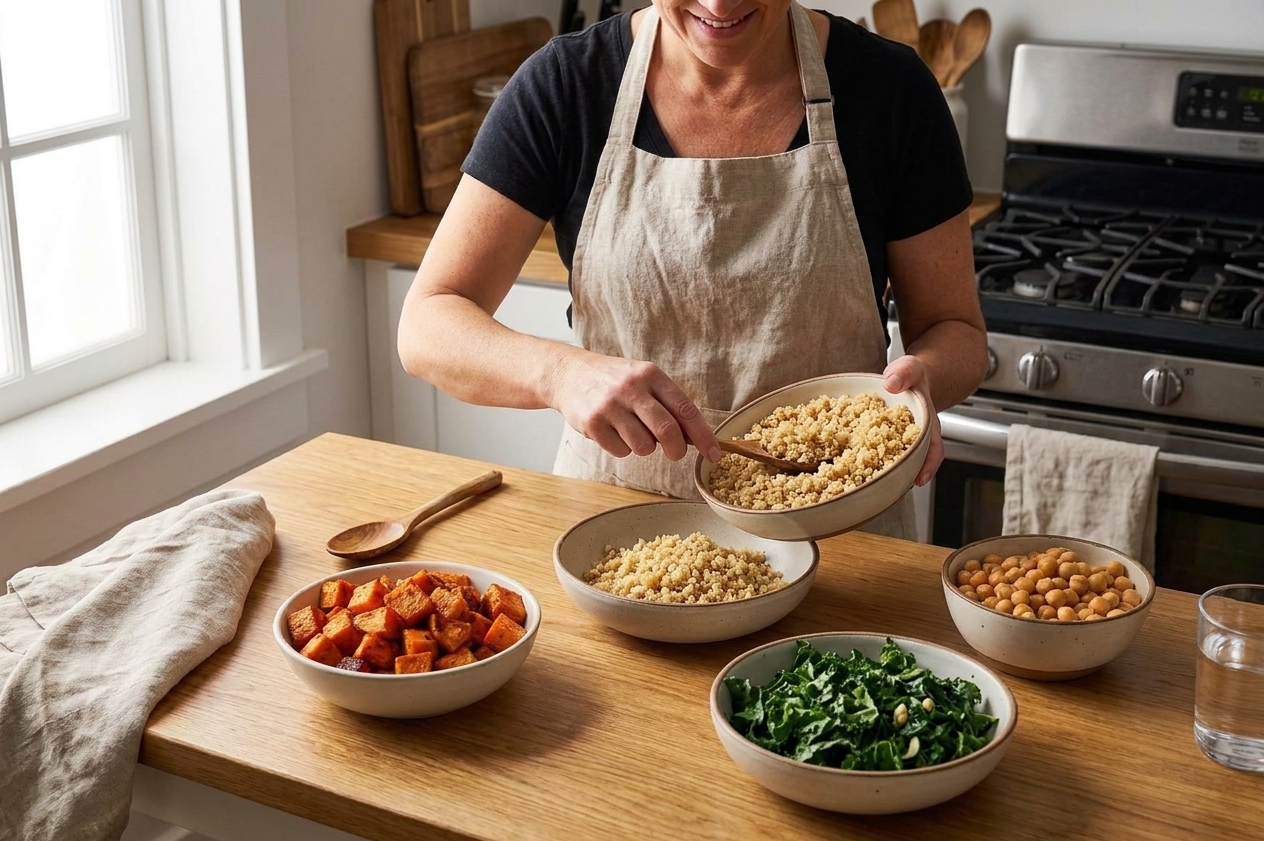 Meal prep bowls being assembled with quinoa, roasted sweet potatoes, chickpeas, and greens on a kitchen counter with consistent warm lighting