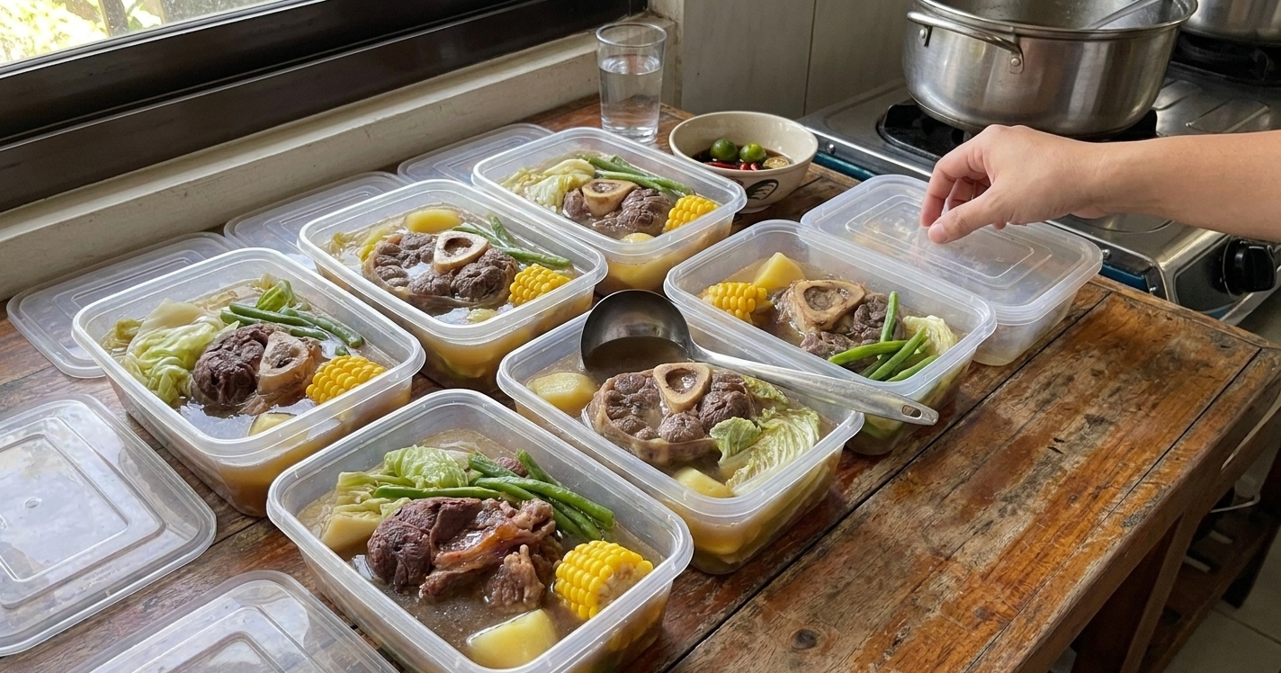 Meal prep containers filled with bulalo broth and beef shank pieces, cooled on a kitchen counter with lids nearby