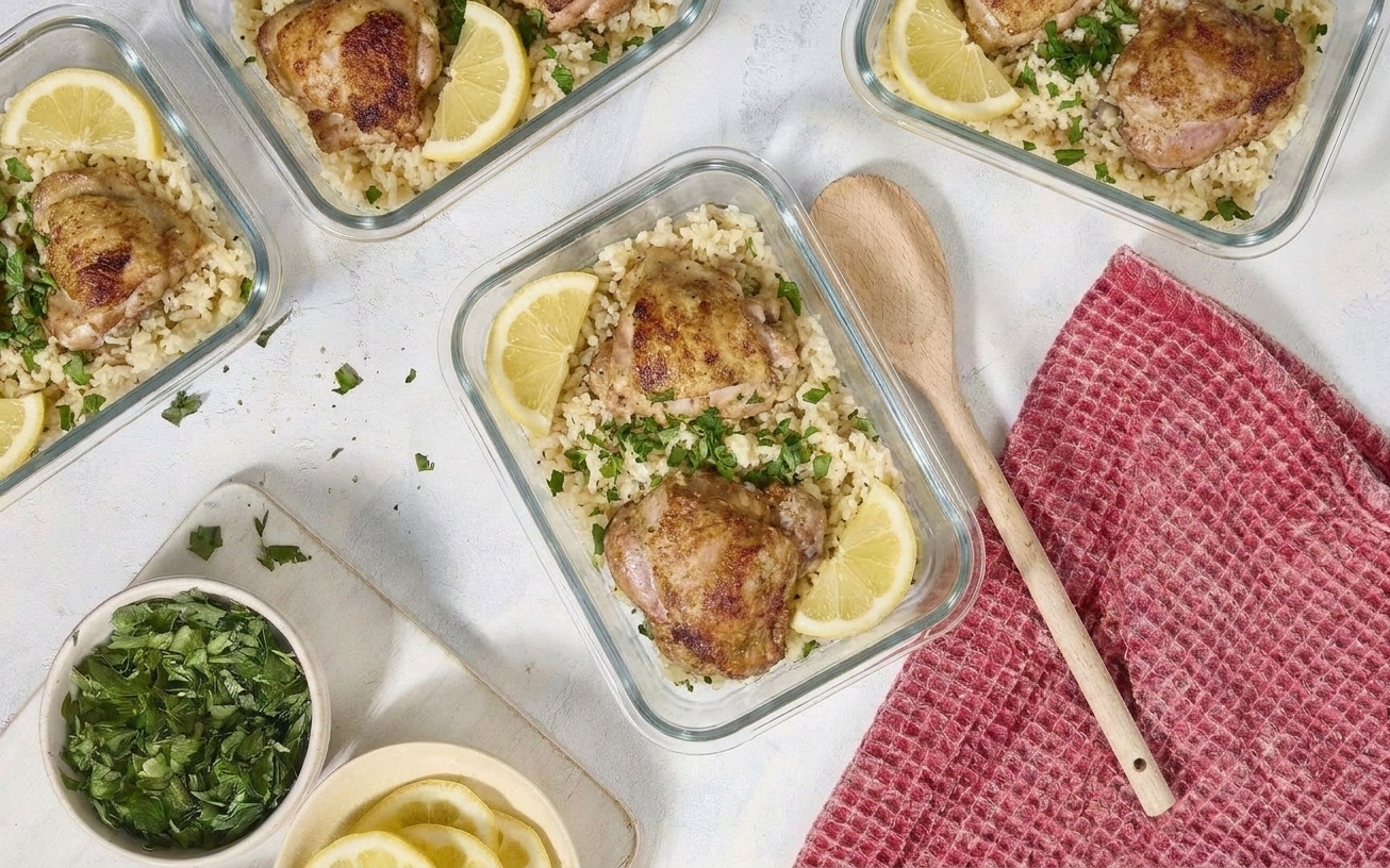 Meal prep containers filled with chicken and rice skillet leftovers on a kitchen counter with a spoon and lemon wedges nearby