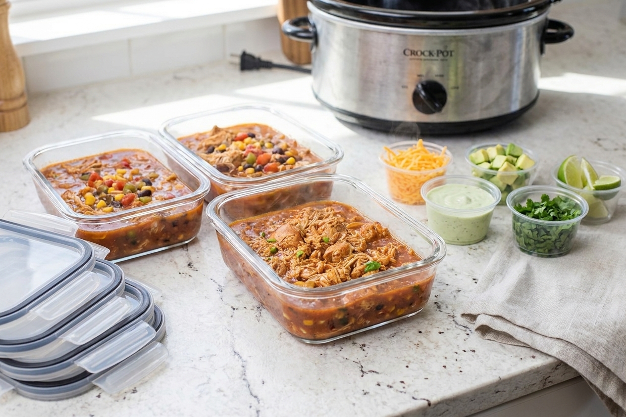 Meal prep containers filled with chicken taco soup cooling on a kitchen counter, with lids nearby and toppings separated in small cups