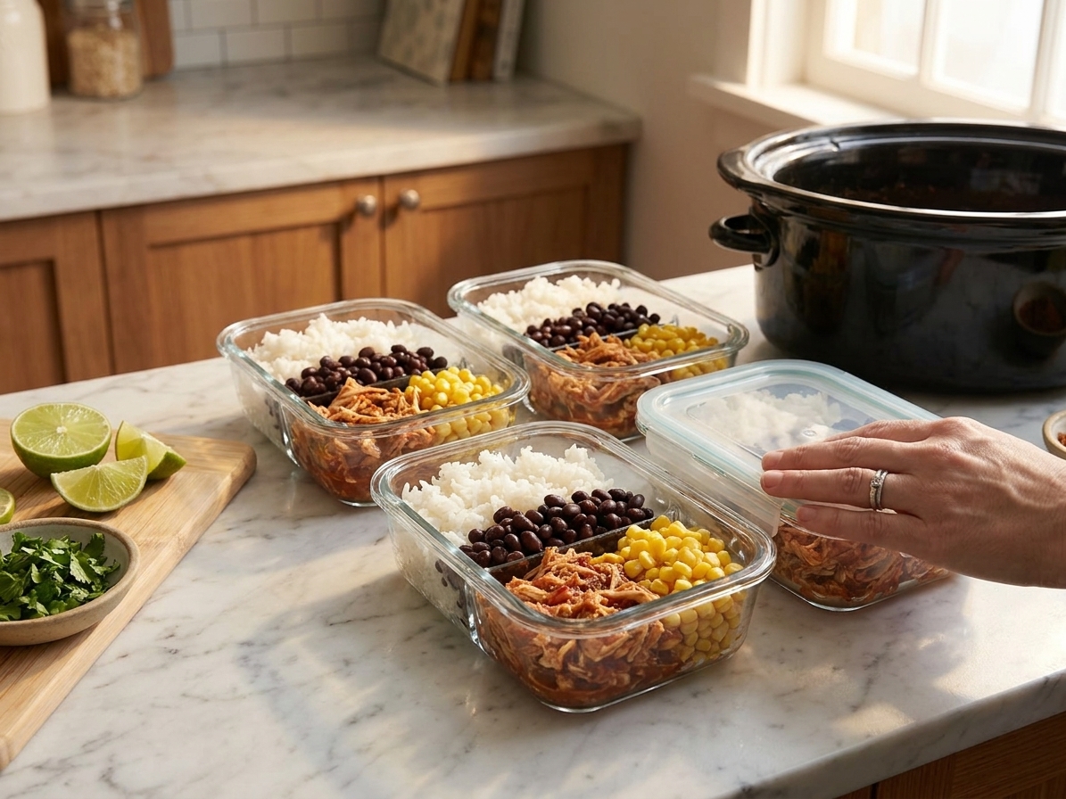 Meal prep containers filled with shredded salsa chicken, rice, black beans, and corn on a kitchen counter with consistent warm lighting
