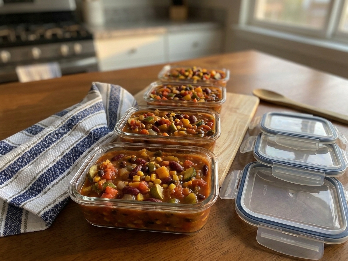 Meal prep containers filled with veggie chili on a kitchen counter with lids nearby, ready for refrigeration