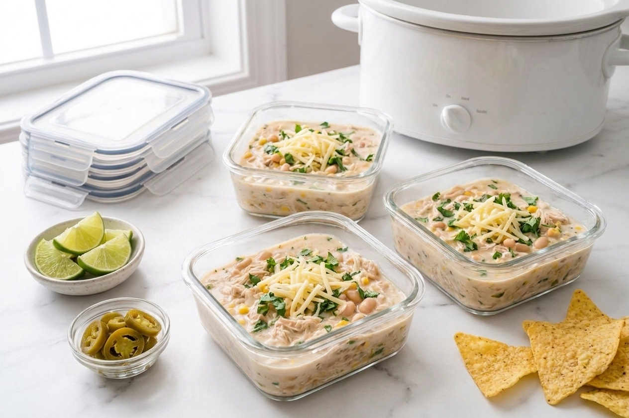 Meal prep containers filled with white chicken chili on a kitchen counter with lids beside them