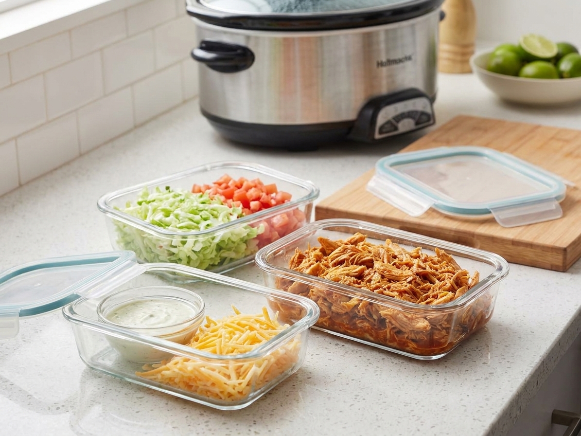 Meal prep containers holding seasoned chicken, lime crema, shredded lettuce, and diced tomatoes on a kitchen counter