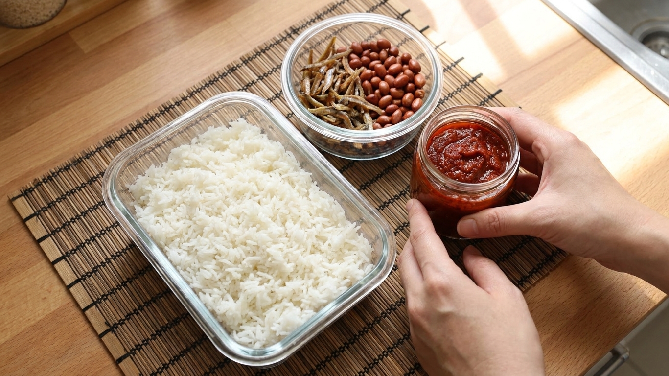Meal prep containers holding separate components of nasi lemak, including coconut rice, sambal in a small jar, and a container of anchovies and peanuts on a kitchen counter