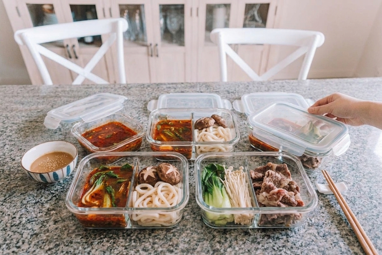 Meal prep containers holding separated hot pot leftovers including broth, cooked vegetables, noodles, and sliced meat on a kitchen counter