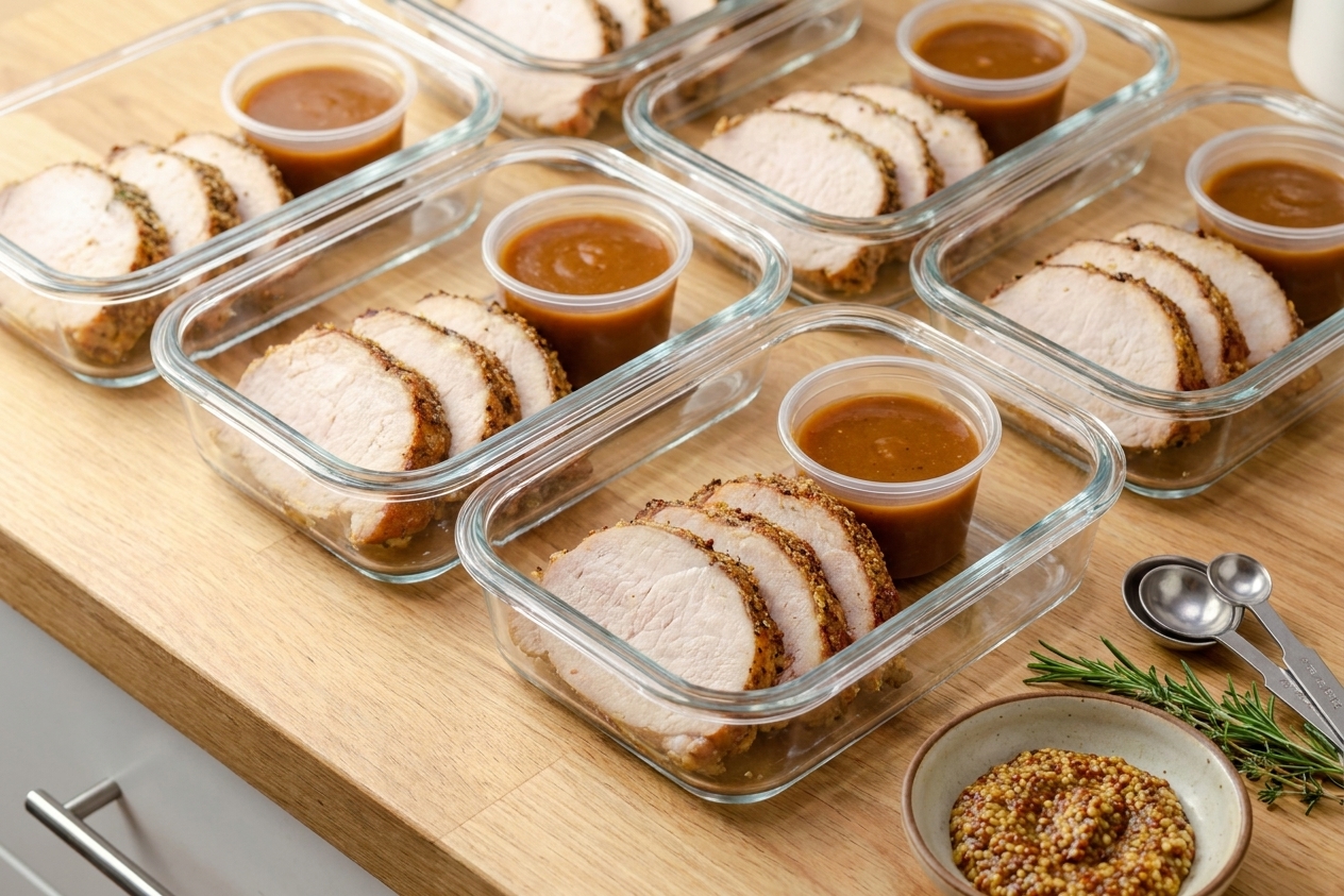 Meal prep containers holding sliced pork loin with gravy on the side on a clean kitchen counter
