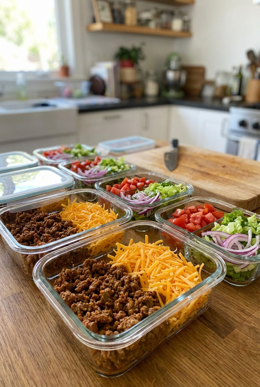 Meal prep containers holding taco meat, shredded cheese, and chopped toppings on a kitchen counter