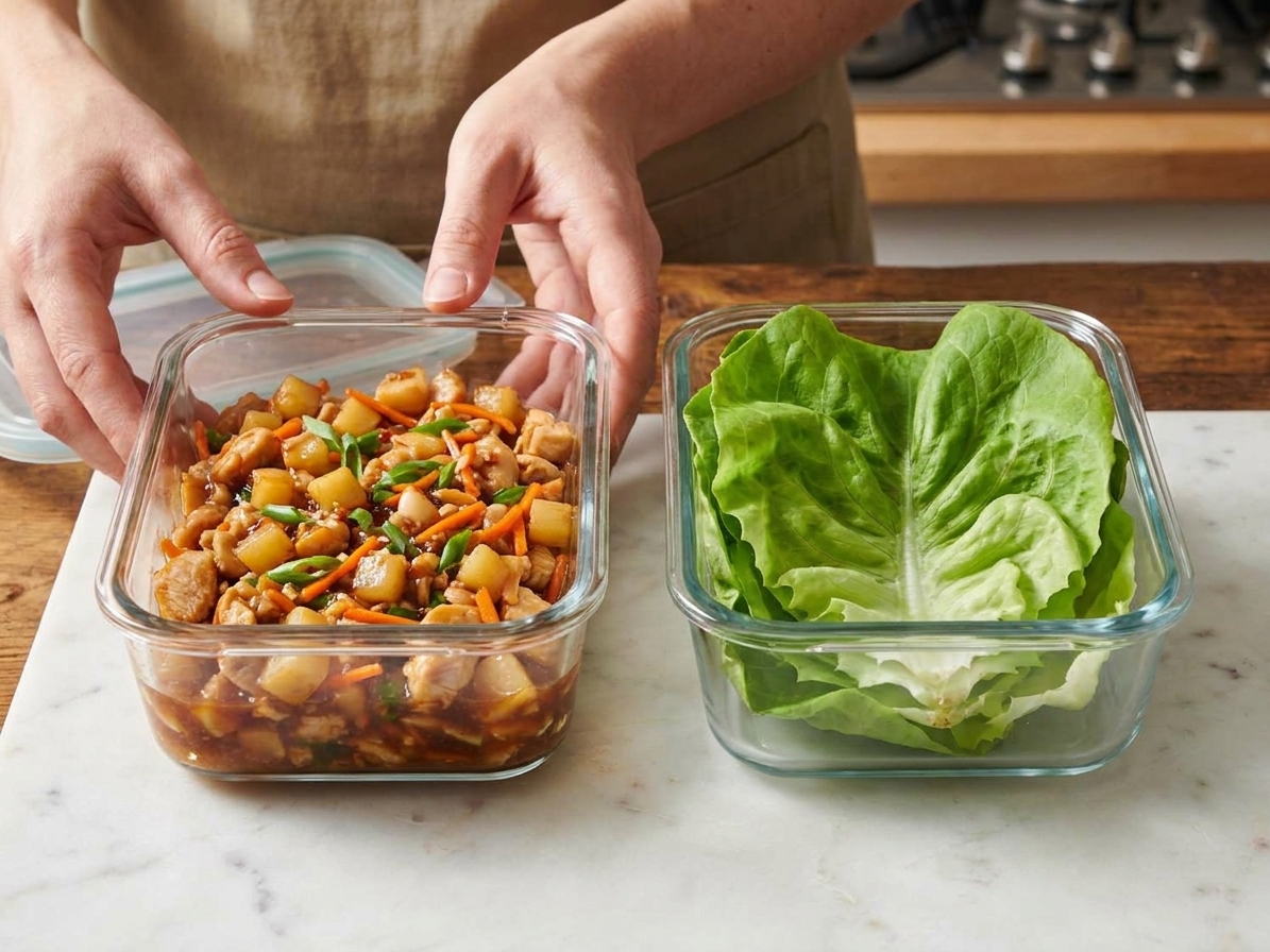 Meal prep containers with PF Chang’s-style chicken lettuce wrap filling in one container and dried butter lettuce leaves in a separate container on a kitchen counter