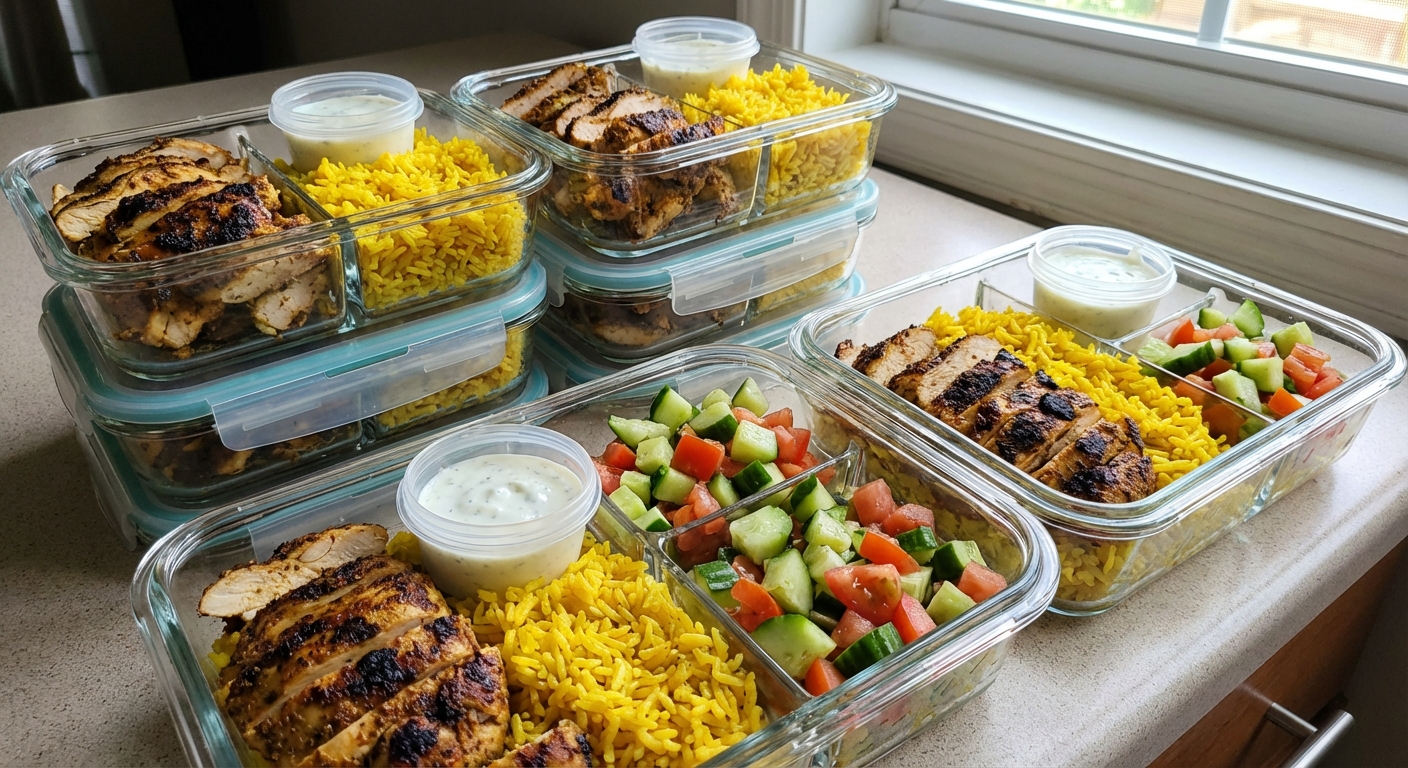 Meal prep containers with sliced chicken shawarma, rice, chopped cucumbers and tomatoes, and a small container of yogurt sauce