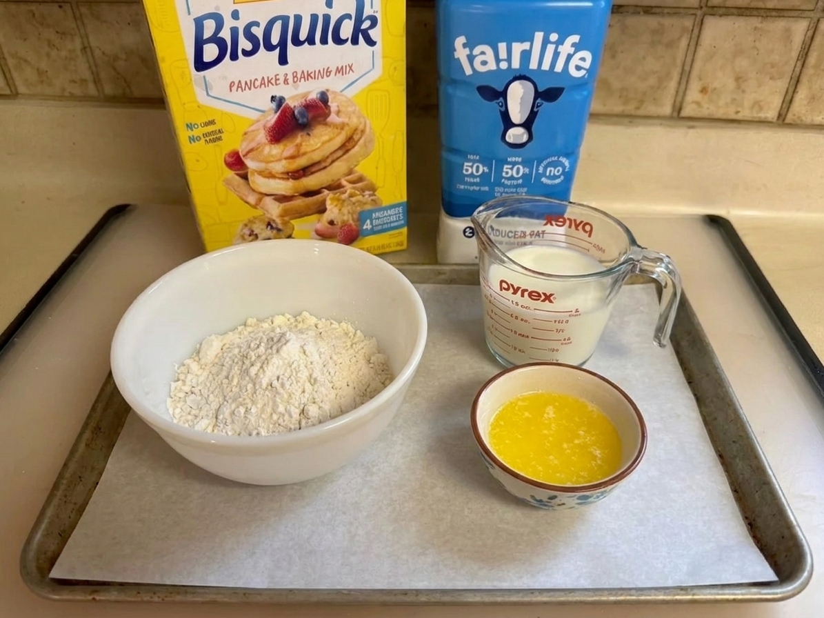 Measured Bisquick mix, milk, melted butter, and a baking sheet lined with parchment on a clean kitchen counter