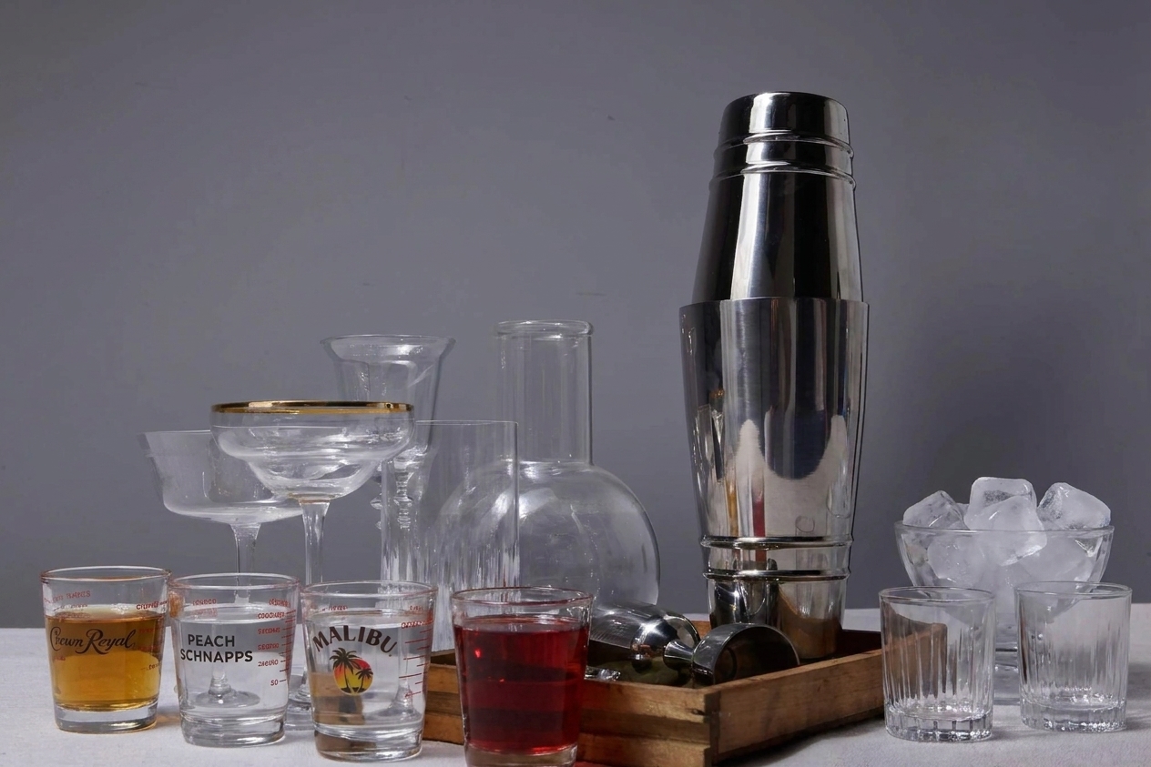 Measured Crown Royal whisky, peach schnapps, Malibu rum, and cranberry juice in small glass measuring cups next to ice and empty shot glasses on a kitchen counter
