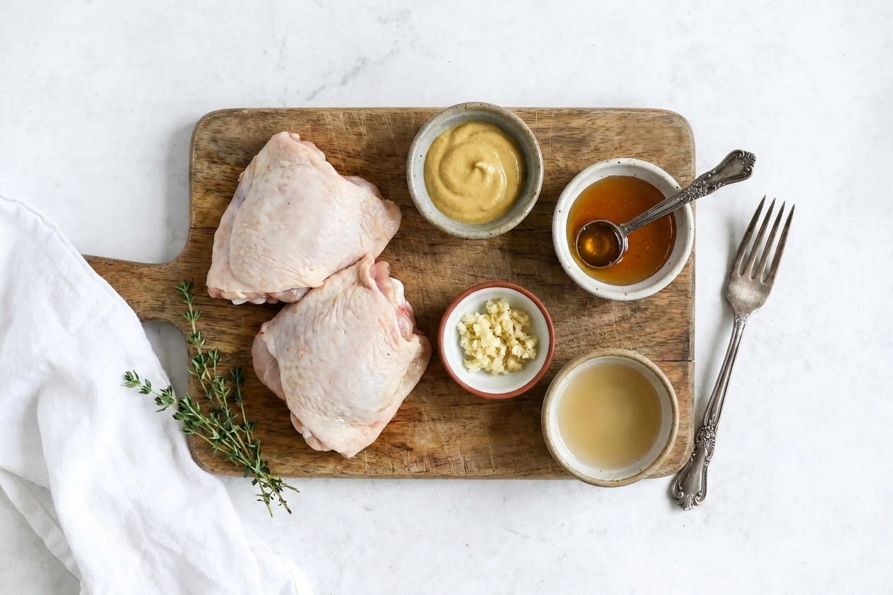 Measured Dijon mustard, honey, minced garlic, and apple cider vinegar in small bowls next to chicken thighs on a cutting board in a home kitchen