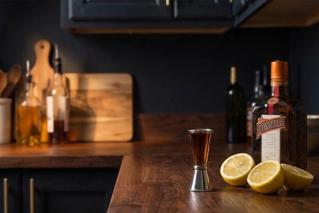 Measured Sidecar ingredients on a counter including cognac in a jigger, fresh lemon halves, and a bottle of orange liqueur