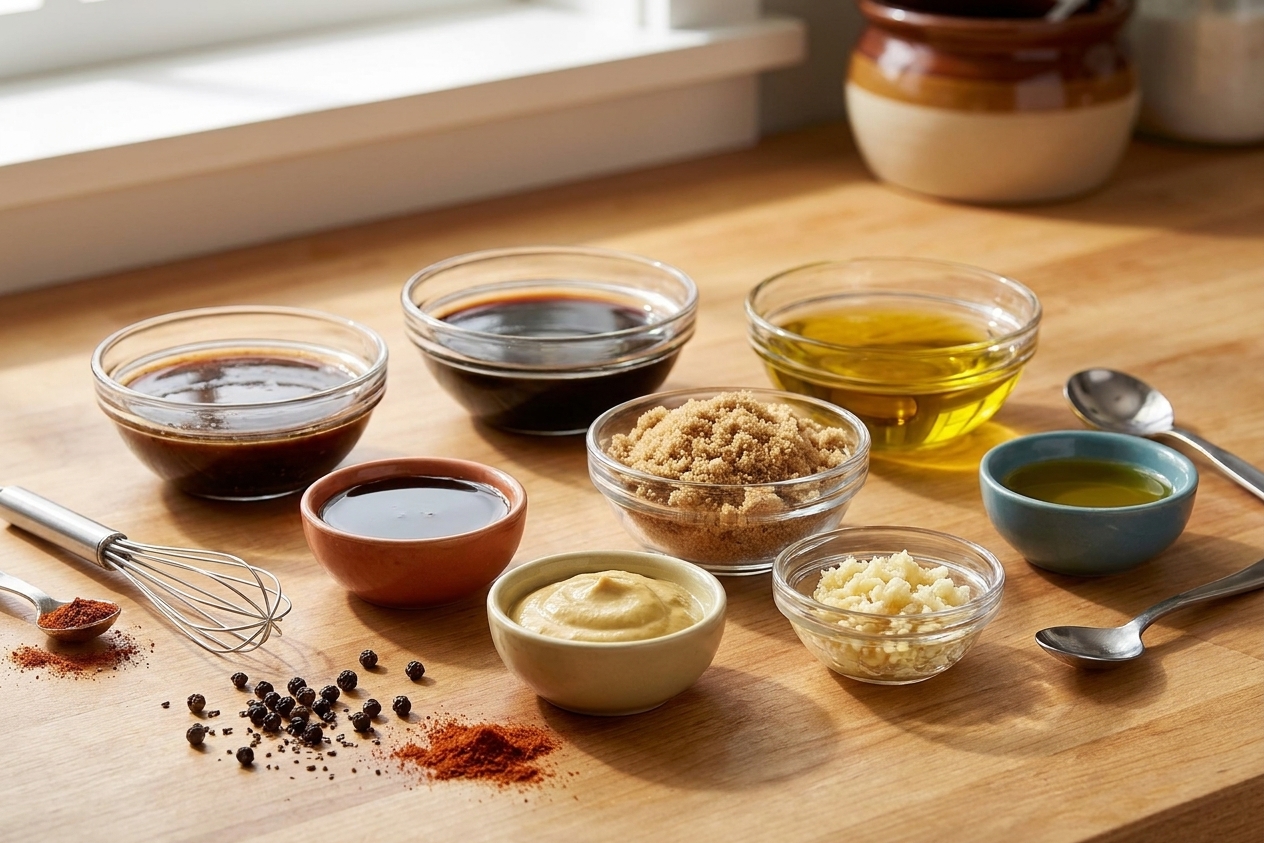 Measured Worcestershire sauce, soy sauce, olive oil, brown sugar, Dijon mustard, minced garlic, and spices arranged on a home kitchen counter