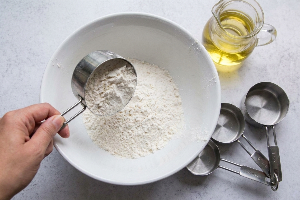 Measured all-purpose flour being added into a white mixing bowl on a kitchen counter with measuring cups nearby