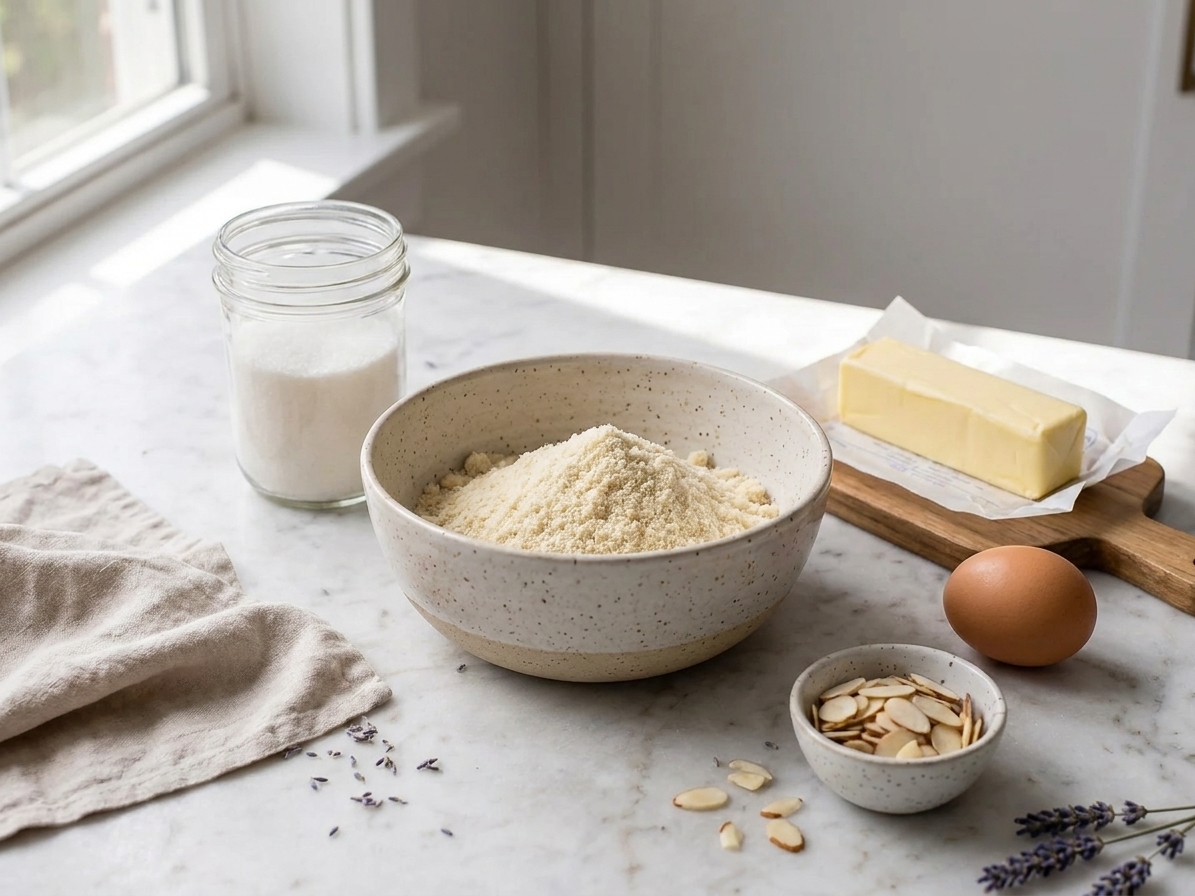 Measured almond flour, sugar, butter, egg, and sliced almonds arranged on a clean kitchen counter in natural window light