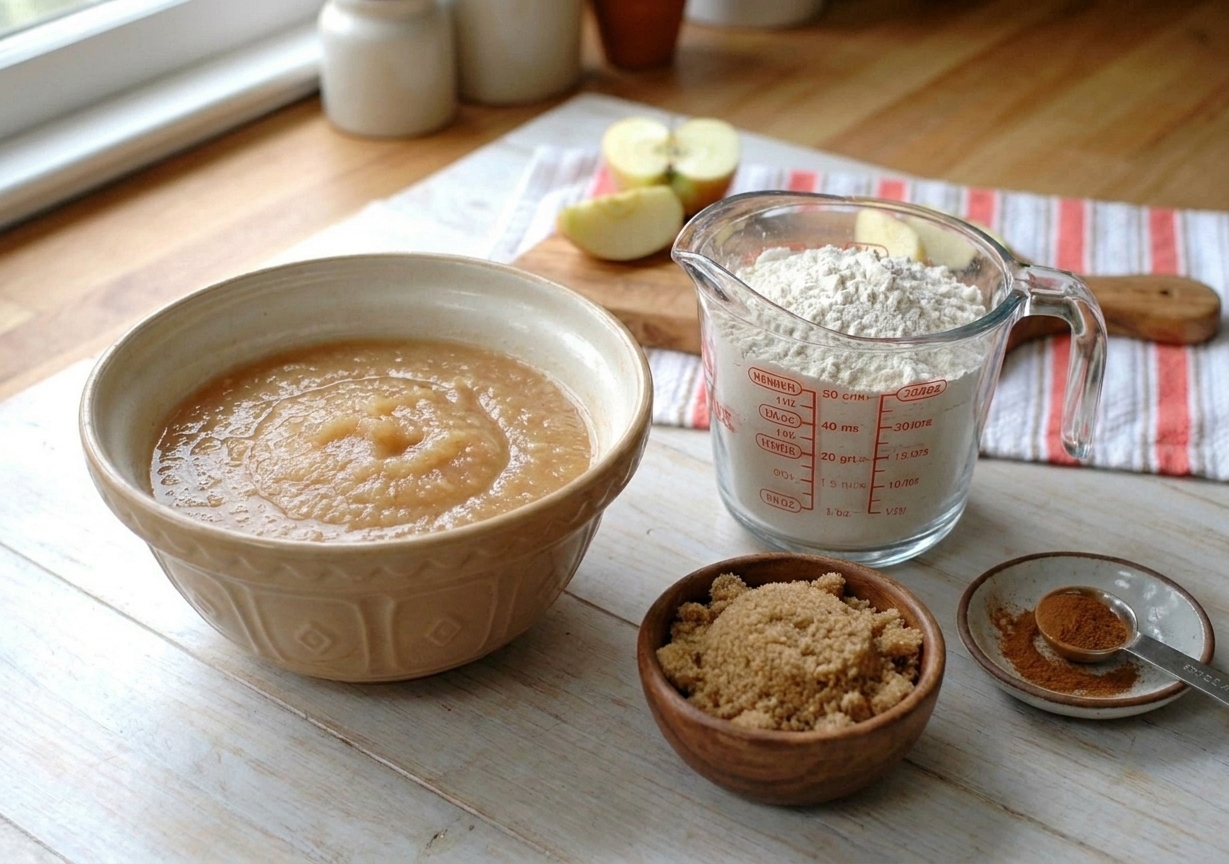 Measured baking ingredients for applesauce bread on a light kitchen counter, including a bowl of applesauce, flour, cinnamon, and brown sugar
