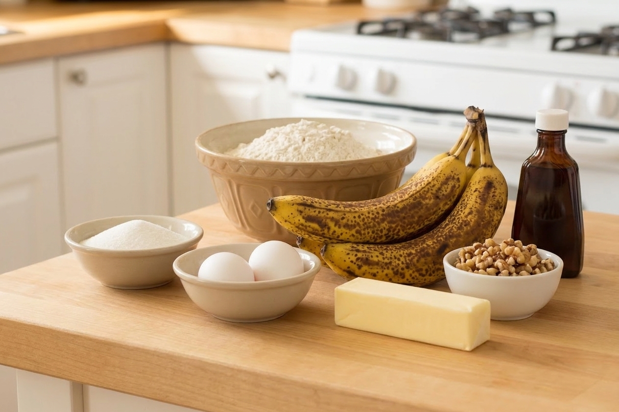 Measured baking ingredients for banana nut loaf arranged on a kitchen counter, including ripe bananas, flour, sugar, eggs, butter, nuts, and vanilla