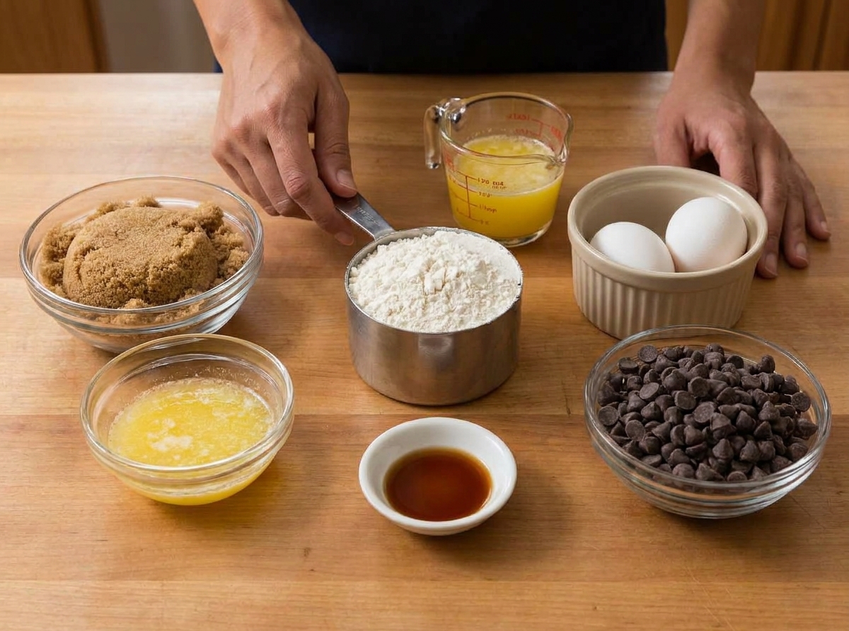 Measured baking ingredients for blondies including brown sugar, flour, melted butter, eggs, vanilla, and chocolate chips arranged on a tidy kitchen counter in warm light