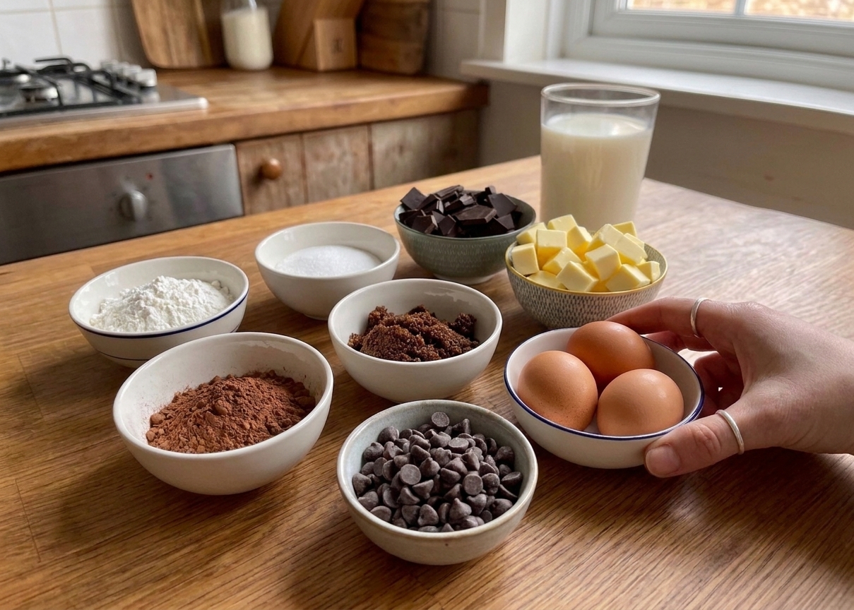 Measured baking ingredients for brownie cookies on a kitchen counter, including cocoa powder, flour, sugar, eggs, butter, and chocolate chips