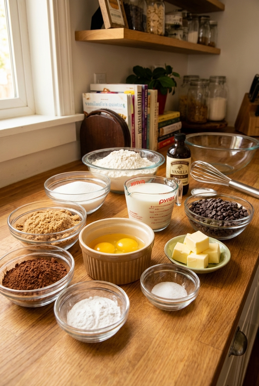 Measured baking ingredients for chocolate chip muffins arranged on a kitchen counter
