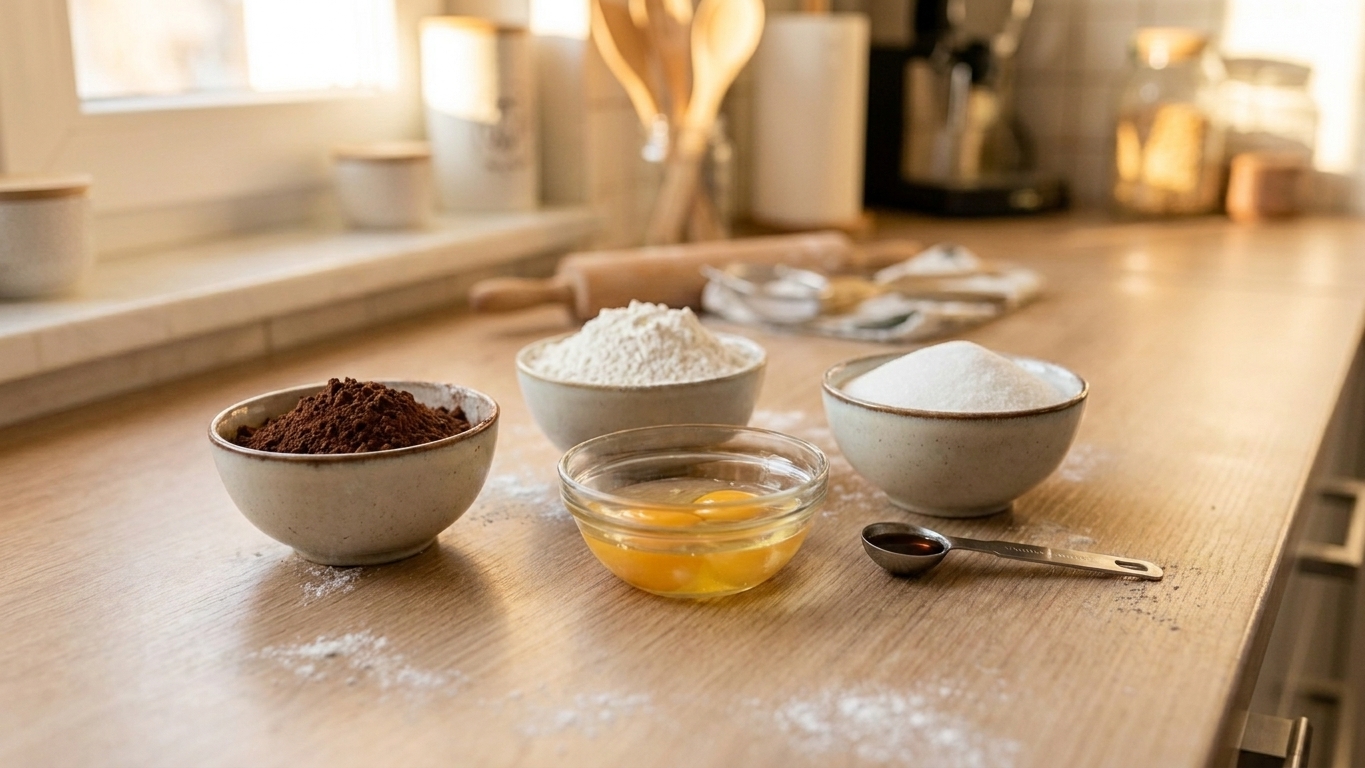 Measured baking ingredients for chocolate crinkle cookies on a light kitchen counter, including cocoa powder, flour, sugar, eggs, and vanilla