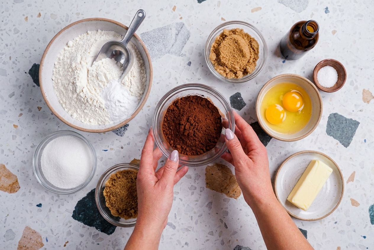 Measured baking ingredients for chocolate crinkle cookies including cocoa powder, flour, sugar, eggs, and butter arranged on a light kitchen counter