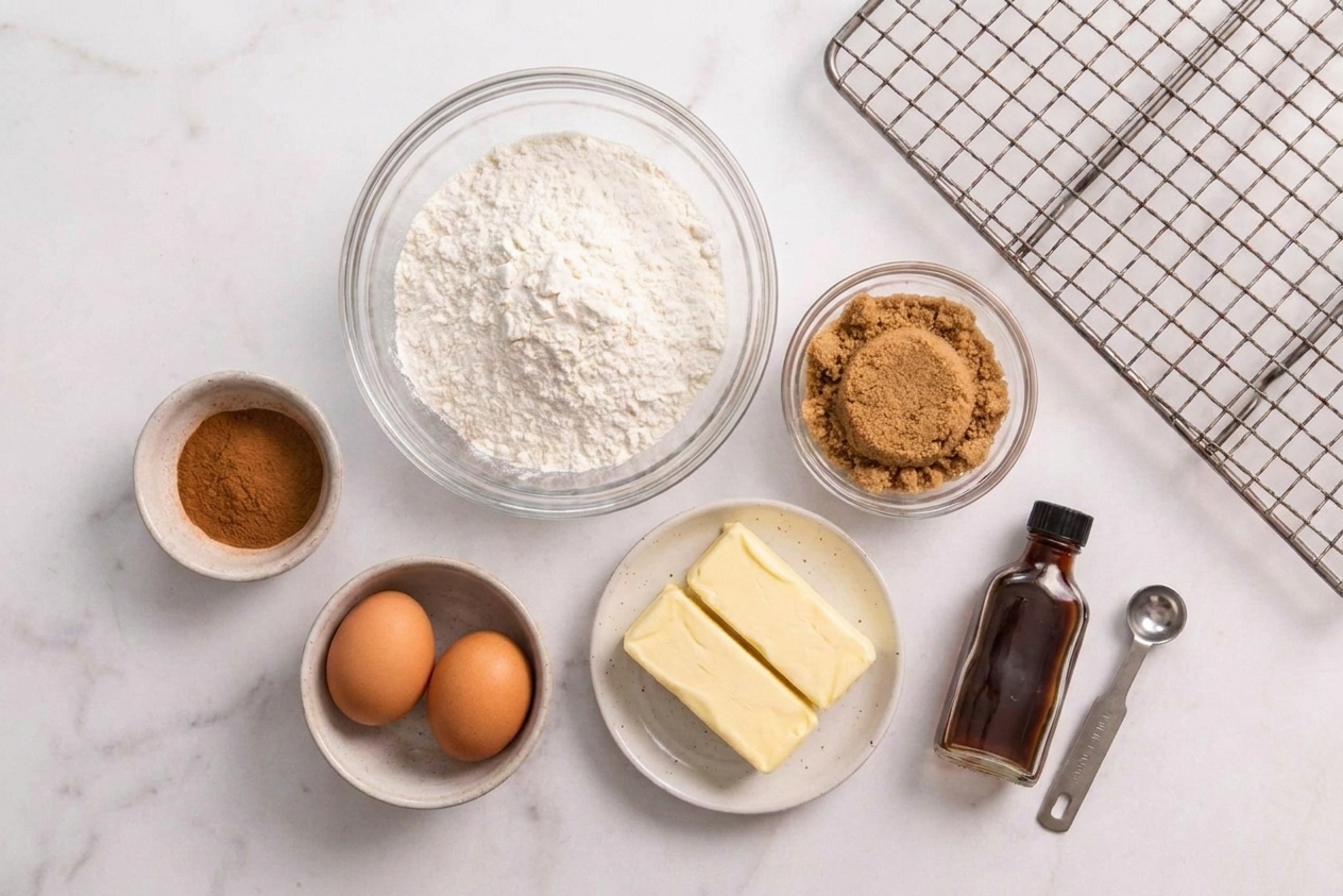 Measured baking ingredients for cinnamon roll cookies on a kitchen counter, including flour, brown sugar, butter, eggs, cinnamon, and vanilla