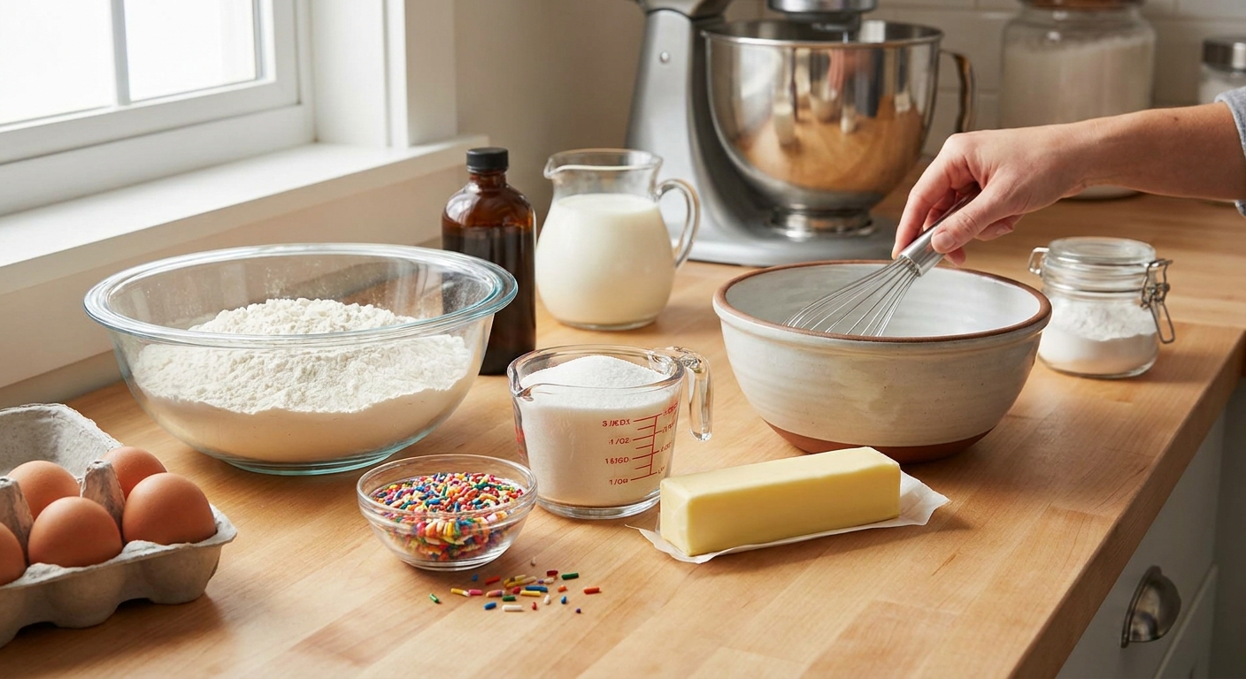Measured baking ingredients for funfetti cake on a tidy kitchen counter, including flour, sugar, eggs, butter, milk, vanilla, baking powder, and rainbow jimmies