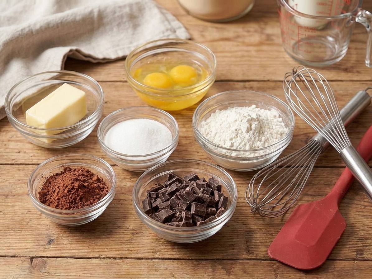 Measured baking ingredients for lava cake on a clean kitchen counter, including butter, eggs, sugar, flour, cocoa powder, and chopped chocolate in small bowls