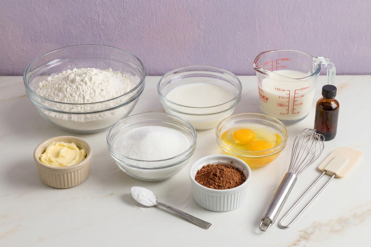 Measured baking ingredients for marble cake on a light kitchen counter, including flour, sugar, butter, eggs, milk, cocoa powder, baking powder, and vanilla