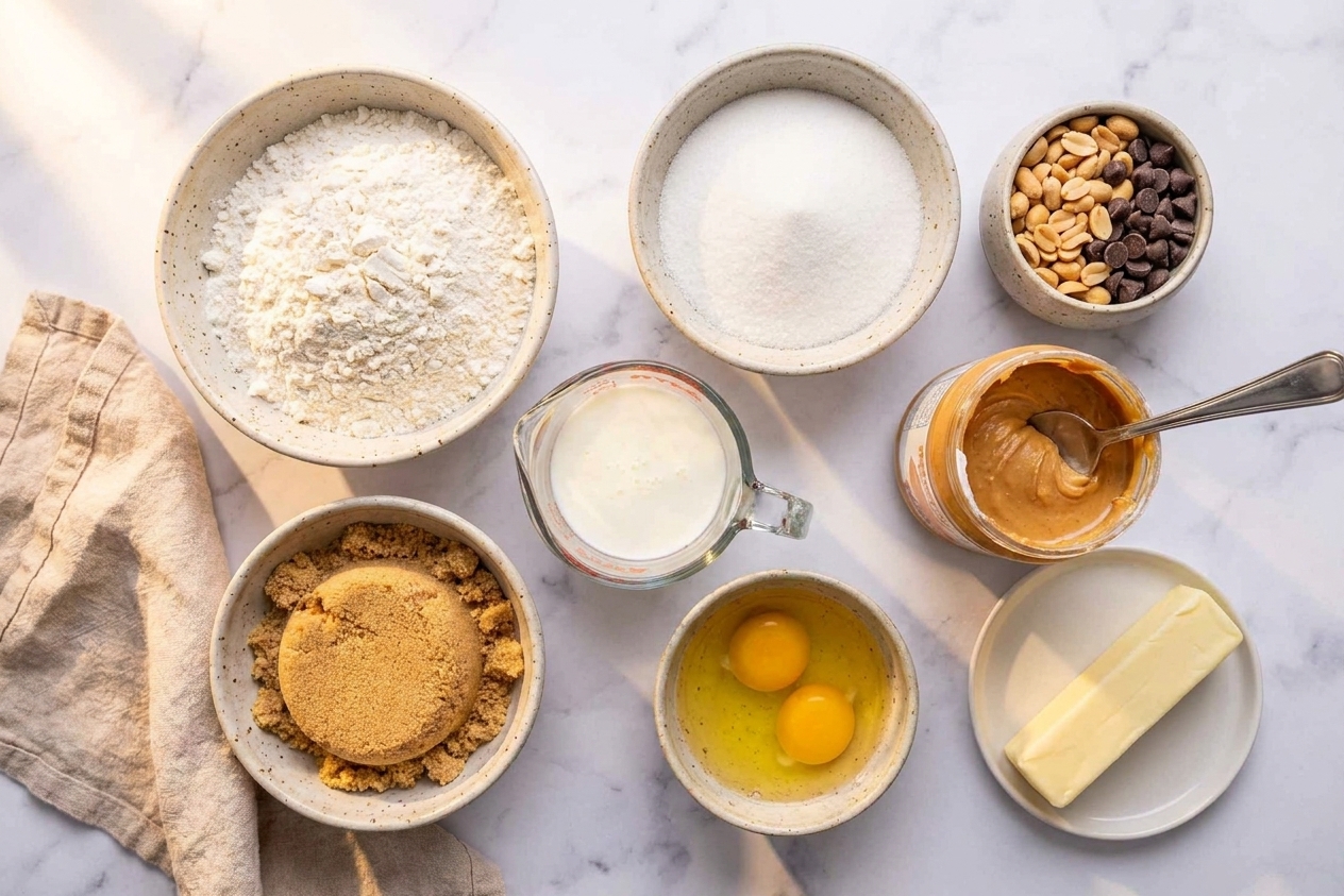 Measured baking ingredients for peanut butter cake including flour, sugar, brown sugar, peanut butter, eggs, buttermilk, and butter arranged on a kitchen counter with warm light