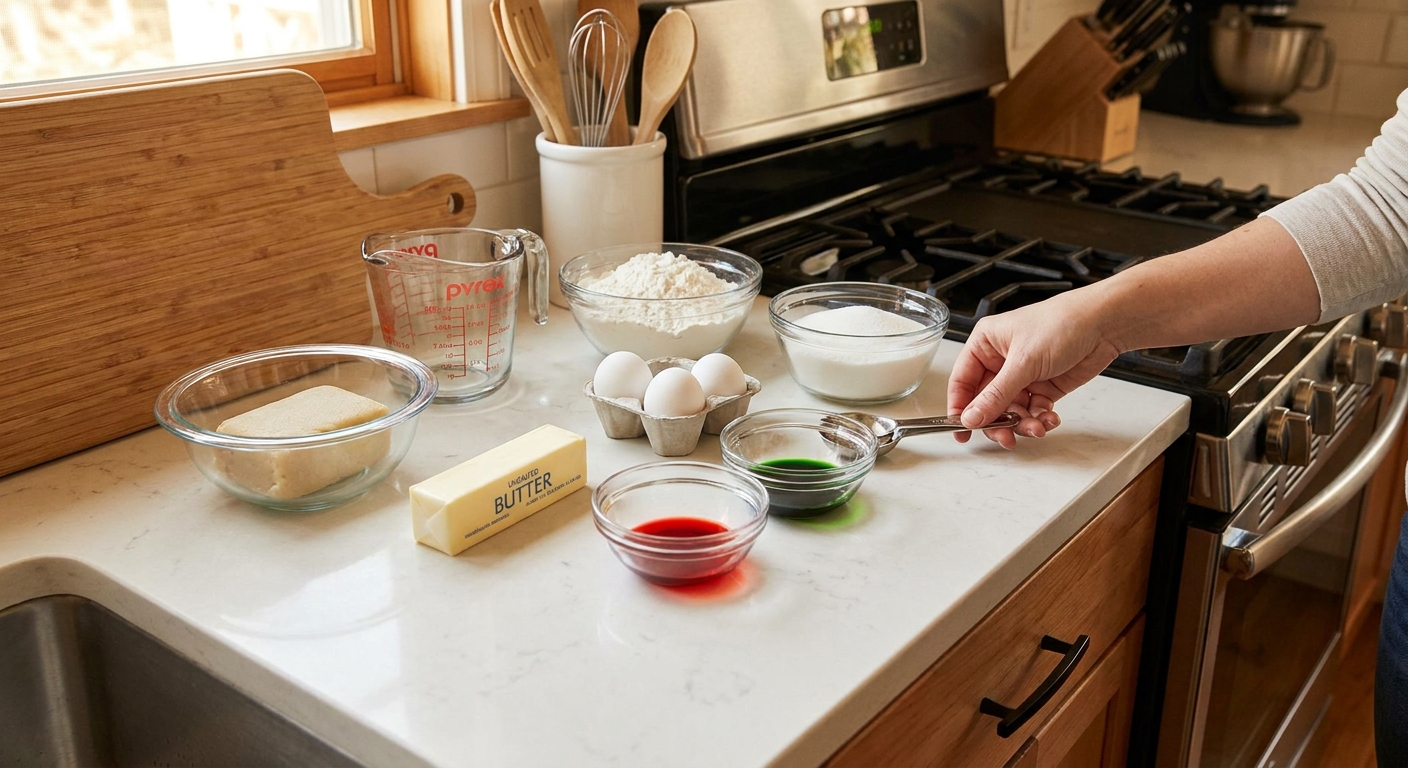 Measured baking ingredients for rainbow cookies including almond paste, butter, eggs, flour, sugar, and small bowls of red and green food coloring on a clean kitchen counter