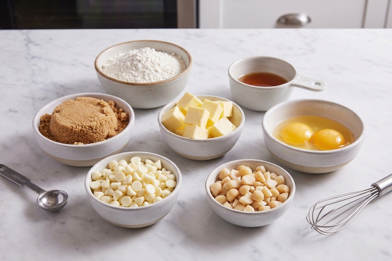 Measured baking ingredients on a kitchen counter including flour, butter, brown sugar, eggs, white chocolate chips, and chopped macadamia nuts in small bowls