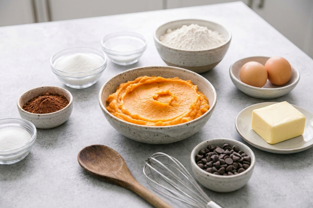 Measured baking ingredients on a light kitchen counter including mashed sweet potato, cocoa powder, flour, sugar, eggs, butter, and chocolate chips in small bowls