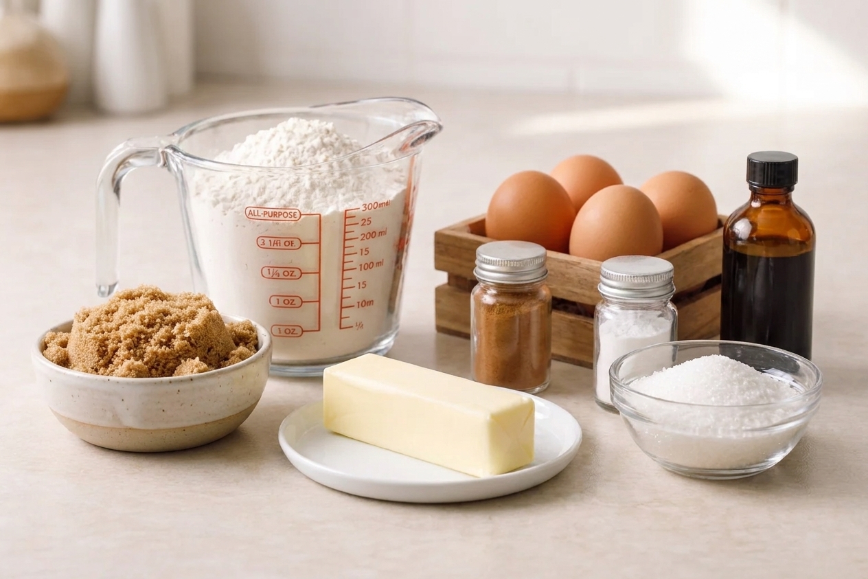 Measured baking ingredients on a light kitchen counter, including flour, brown sugar, butter, eggs, cinnamon, baking powder, vanilla, and a small bowl of coarse sparkling sugar