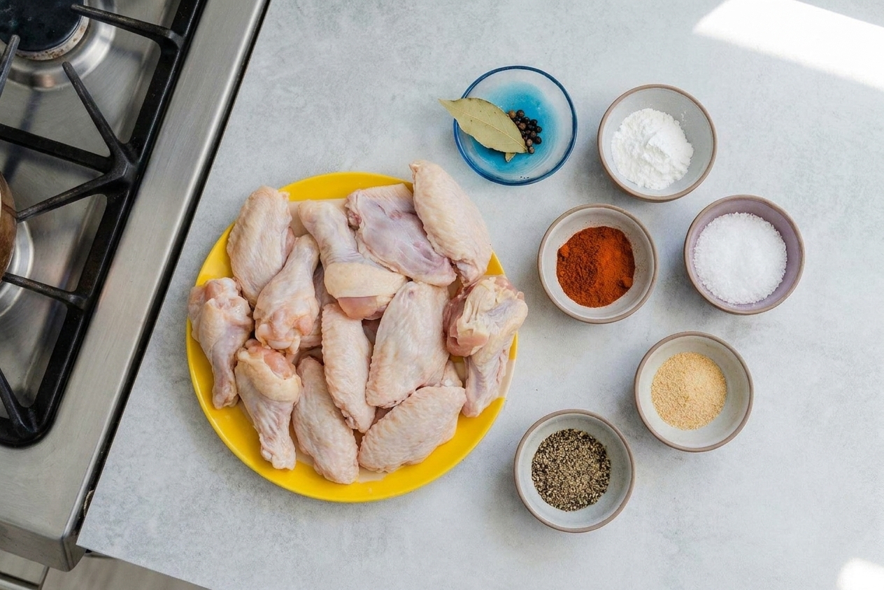 Measured baking powder, salt, paprika, garlic powder, and black pepper in small bowls next to raw chicken wings on a kitchen counter