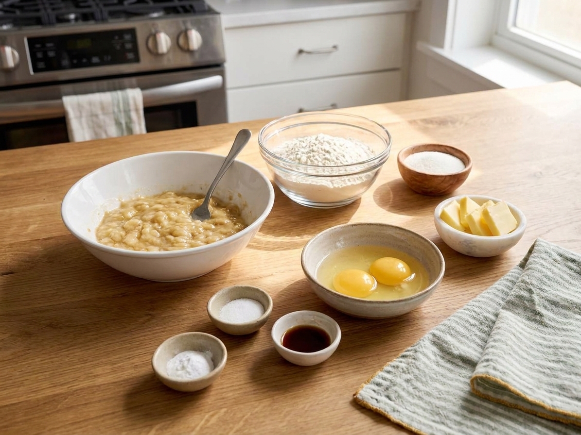 Measured banana bread ingredients on a bright kitchen counter including mashed bananas, flour, sugar, butter, eggs, baking soda, salt, and vanilla in small bowls