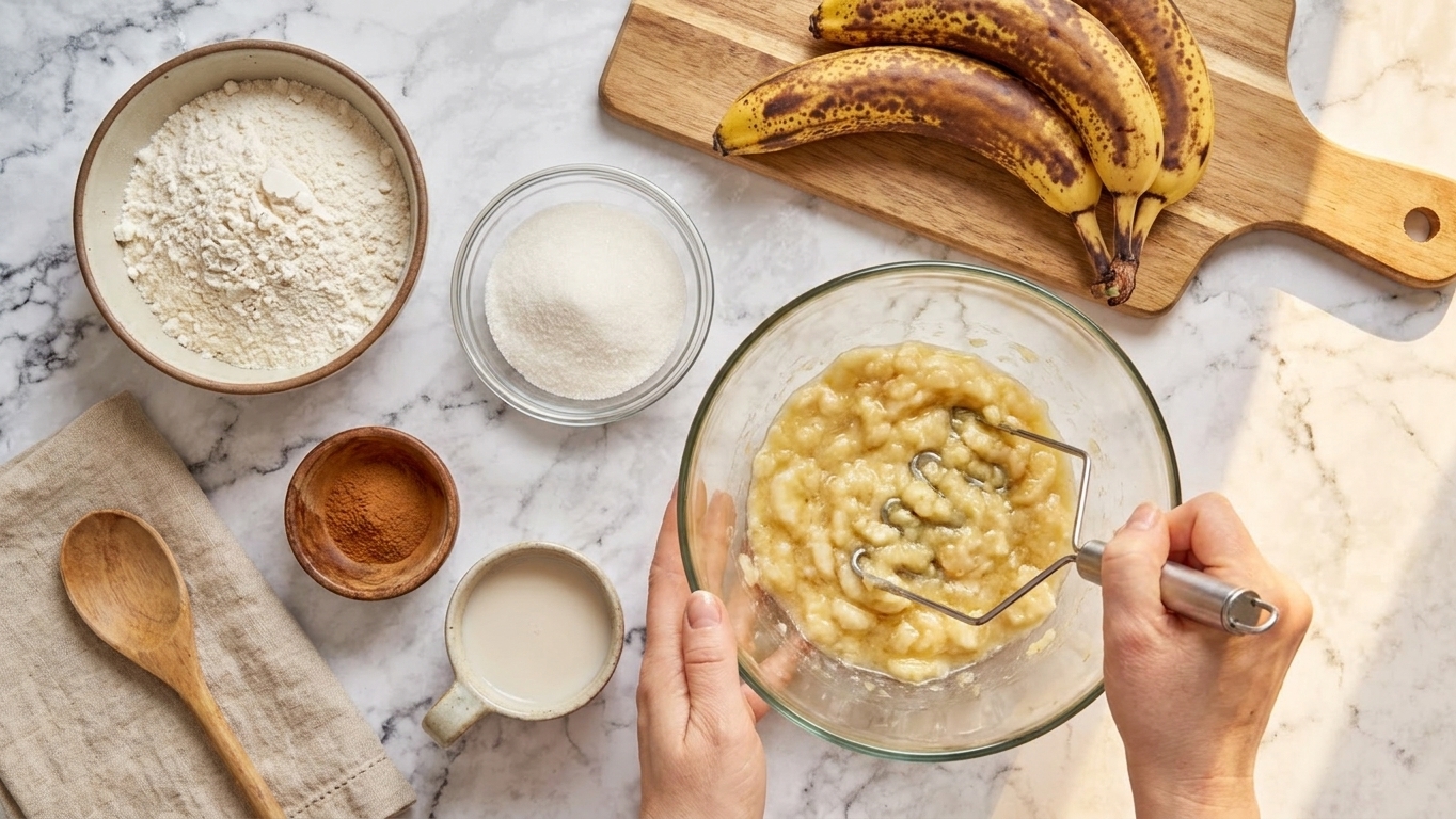 Measured banana bread ingredients on a kitchen counter including flour, sugar, ripe bananas, cinnamon, and a small bowl of dairy-free milk