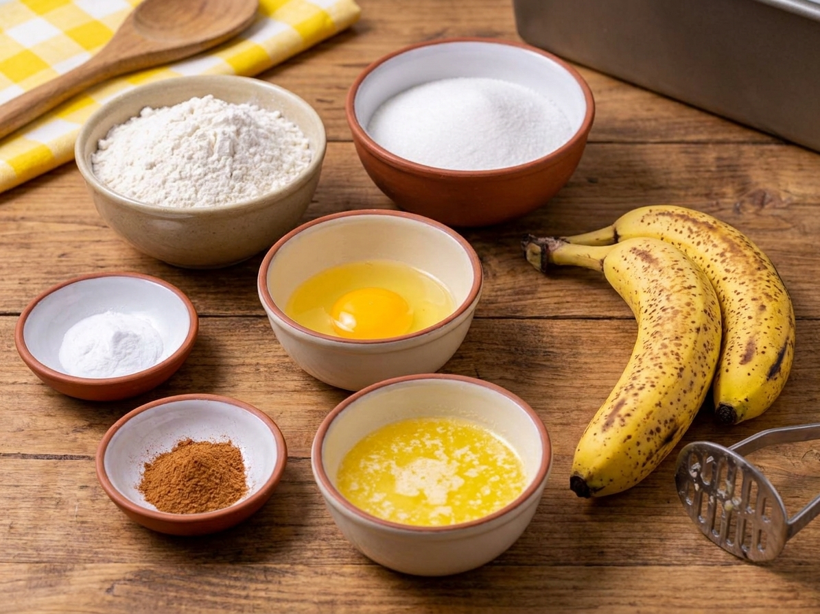 Measured banana bread ingredients on a kitchen counter including flour, sugar, baking soda, cinnamon, two ripe bananas, an egg, and melted butter in small bowls