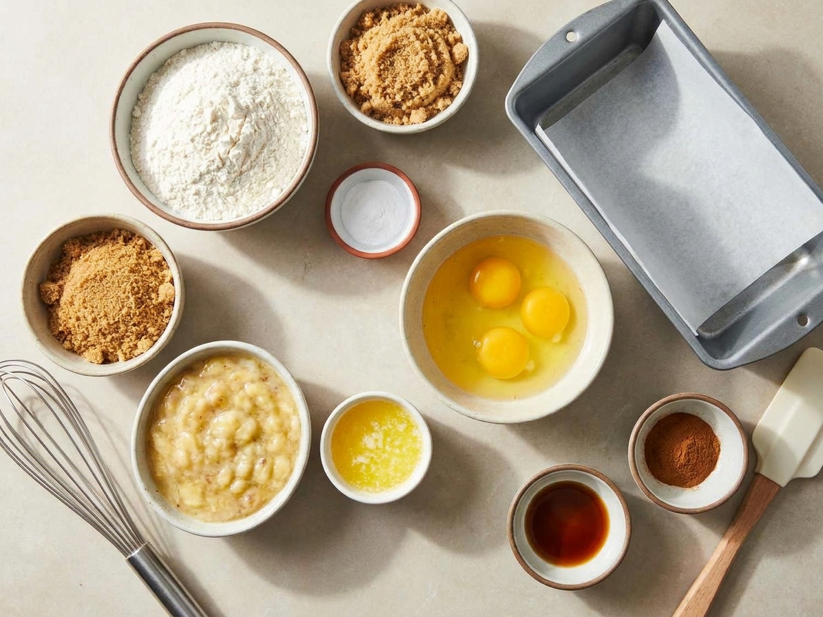 Measured banana bread ingredients on a kitchen counter including flour, sugar, mashed bananas, eggs, melted butter, baking soda, cinnamon, and vanilla in small bowls with a loaf pan nearby