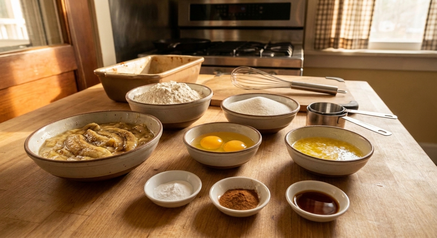 Measured banana bread ingredients on a kitchen counter including ripe bananas, flour, sugar, eggs, butter, baking soda, cinnamon, and vanilla in small bowls