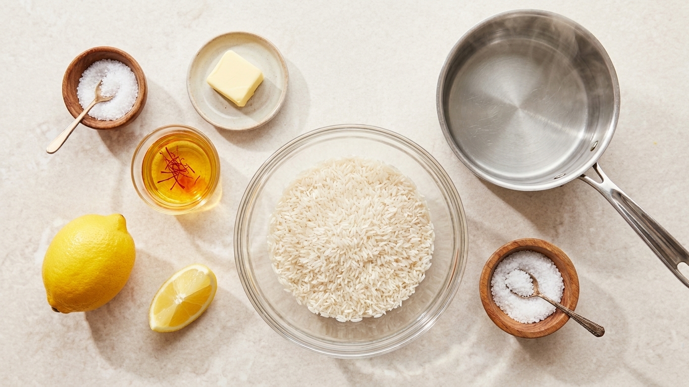 Measured basmati rice in a bowl, saffron threads in a small dish, butter, lemon, salt, and a small pot of hot water on a bright kitchen counter