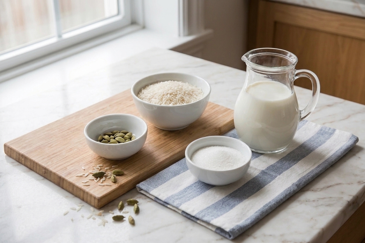 Measured basmati rice, whole cardamom pods, sugar, and milk arranged on a tidy kitchen counter in small bowls, ready to cook