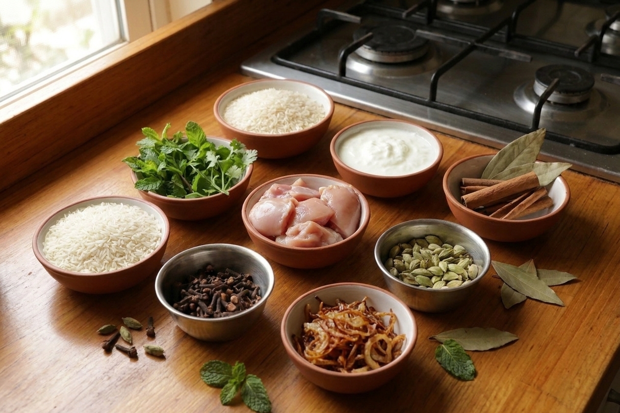 Measured biryani ingredients on a kitchen counter including basmati rice, chicken, yogurt, herbs, whole spices, and fried onions in small bowls