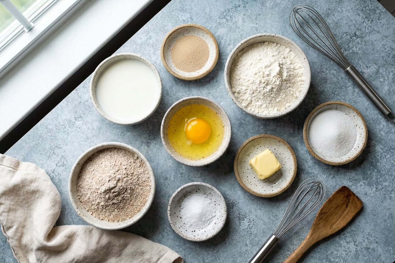 Measured blini ingredients on a kitchen counter including milk, yeast, flour, buckwheat flour, egg, butter, sugar, and salt in small bowls